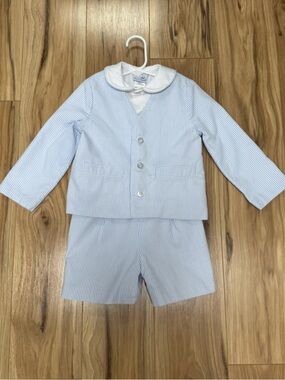 Florence Eiseman 3T NWT Seersucker Suspender Shorts Polo Set Blue White Preppy
